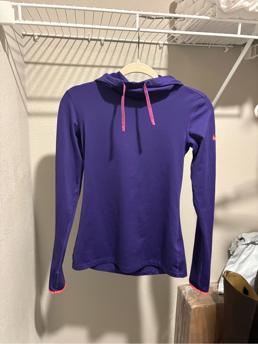 Nike Women's Purple Hooded Long Sleeve Top with Pink Accents